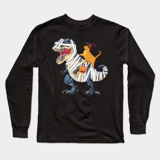 Cat Witch Riding T-Rex Funny Halloween Long Sleeve T-Shirt